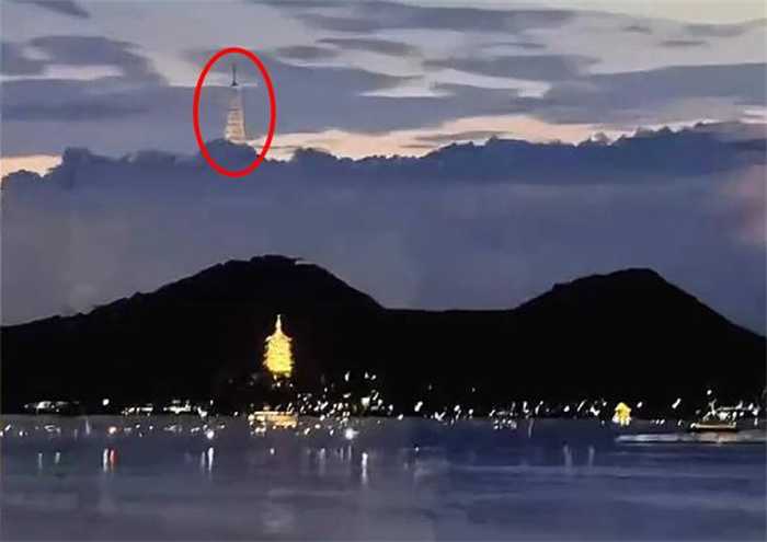 杭州西湖出现海市蜃楼  原景在哪里  （分辨不出来）