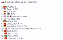 2022年全球电动车产量份额占比前15，比亚迪全球第一