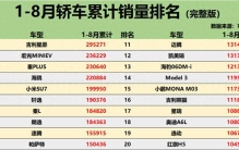 大爆发！1-8月轿车销量排名：1-225名，轩逸失前5，Model 3第14